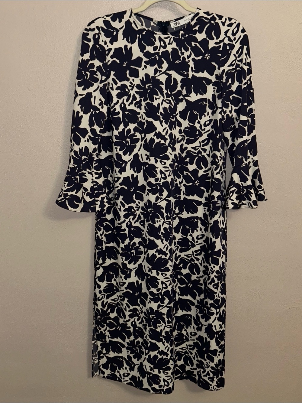 Zara navy & White Floral-Print long ruffle sleeve Maxi midi Dress